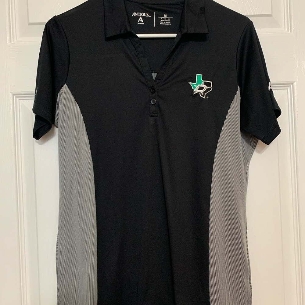 Dallas Stars Antigua Black and Gray Polo Shirt Pinstripe